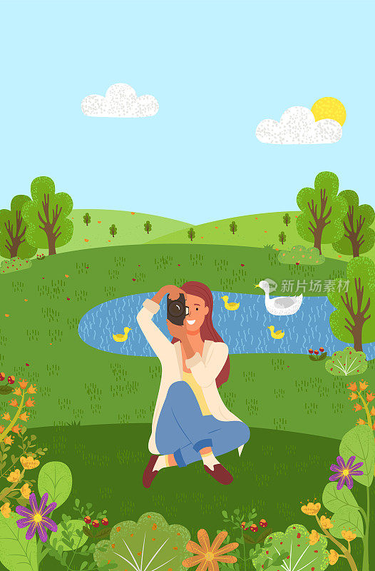Photographing Nature, Woman with Camera Vector